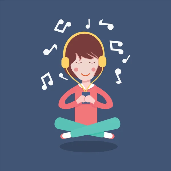 Szczęśliwa dziewczyna ze słuchawkami, słuchanie muzyki. — Wektor stockowy