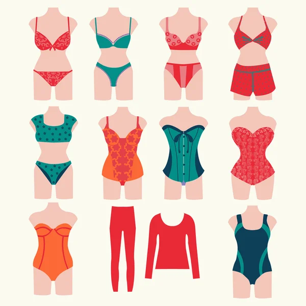 Icono conjunto de colección femenina elegante, ropa interior sexy — Vector de stock