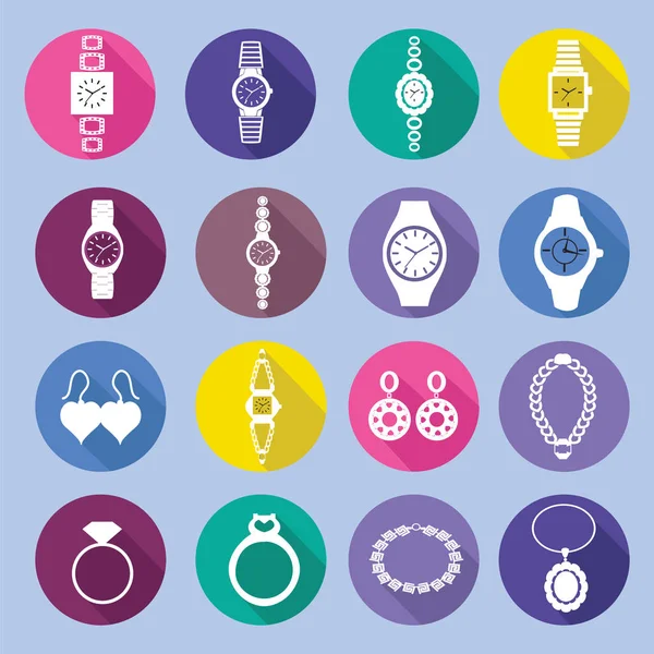 Conjunto de iconos con relojes de moda y joyas de estilo plano — Vector de stock
