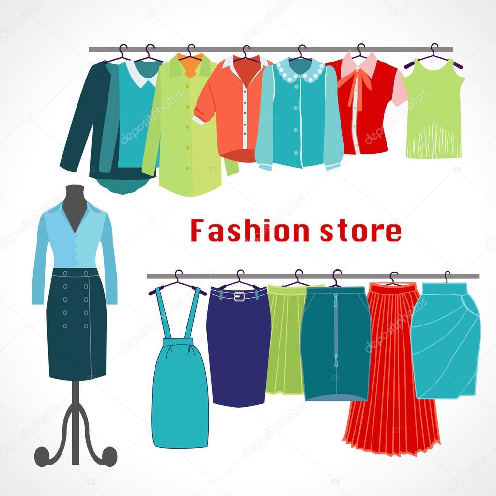 Clothing store. Boutique indoor Fashion store. Flat design vector illustration. Clothes on hangers.