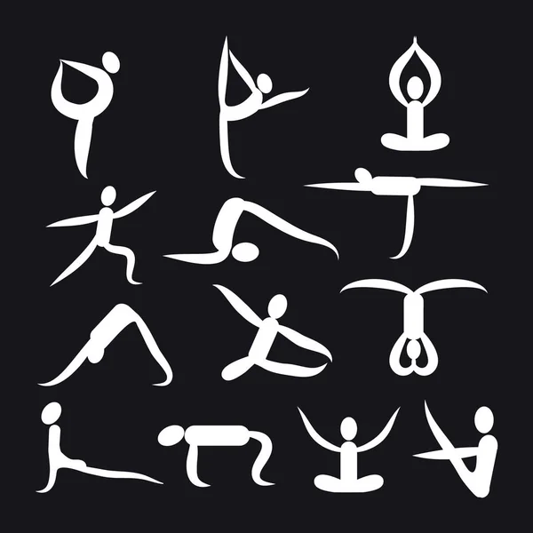 Poses de yoga e iconos del cuidado de la salud para símbolos de fitness . — Vector de stock