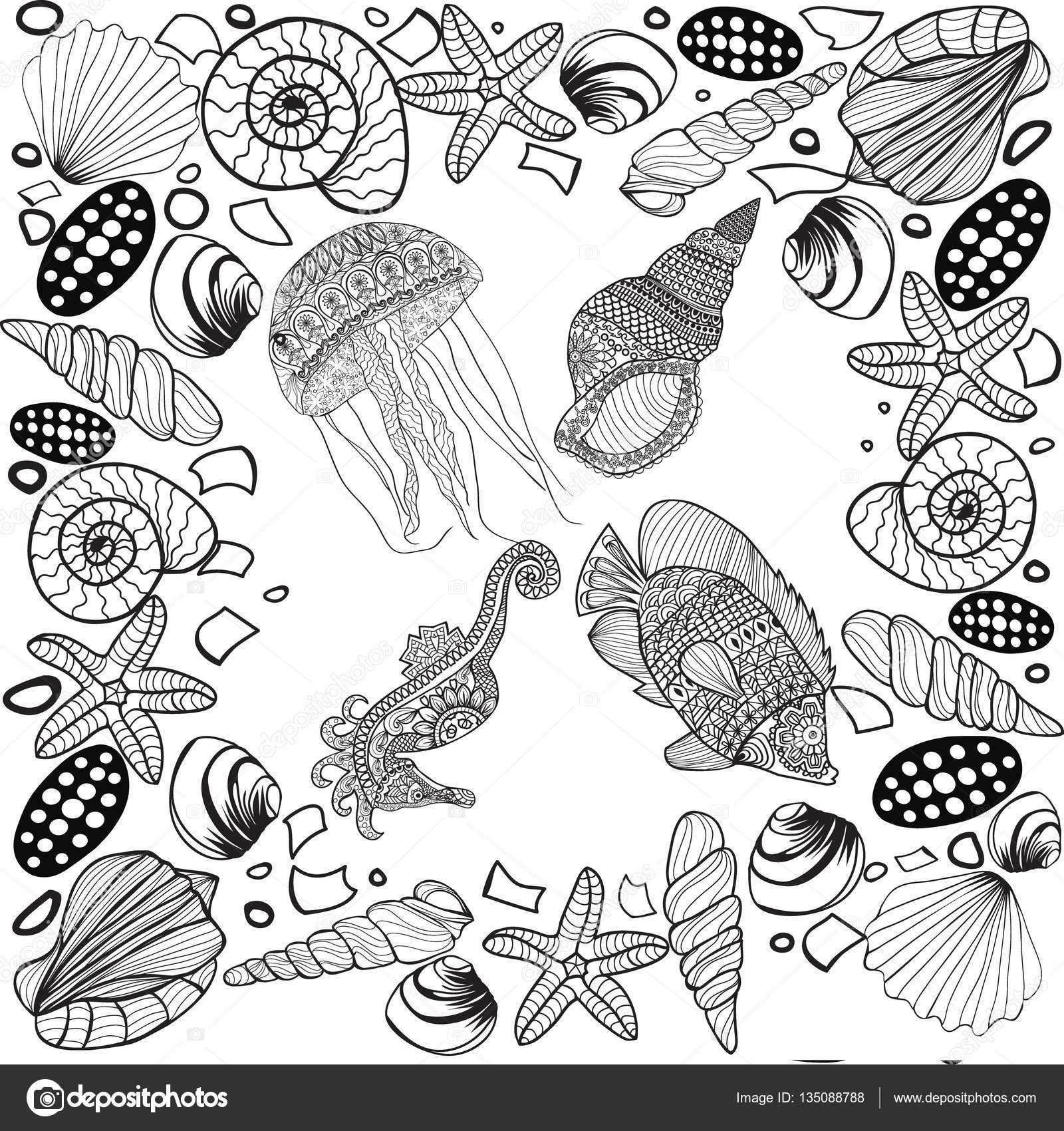 posizione di pesci tropicali cavallucci marini meduse shell coralli subacquei stilizzata di vettore Design subacqueo per coloritura per adulto