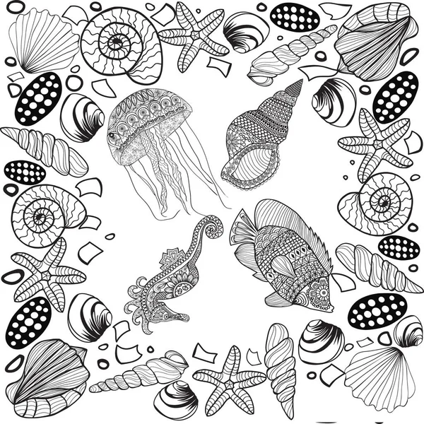 Composición de peces tropicales, caballito de mar, medusas, concha, sotobosque — Vector de stock