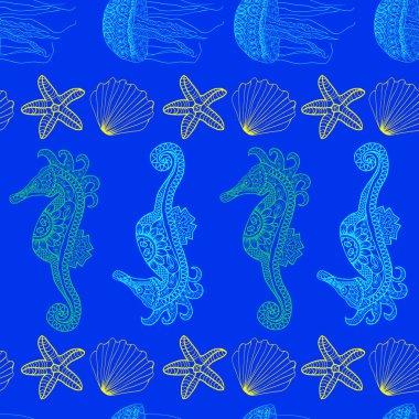 Sualtı deniz yıldızı Deniz anası ve denizatı desen.