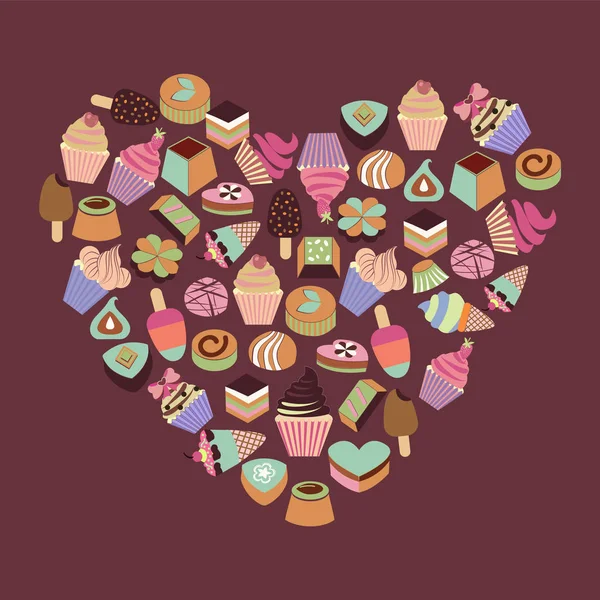 Dolci assortimento di cioccolatini caramelle, gelati, cupcake — Vettoriale Stock