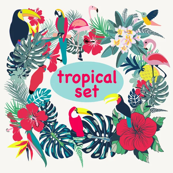 Fondo con aves tropicales, hojas de palma y flores — Vector de stock