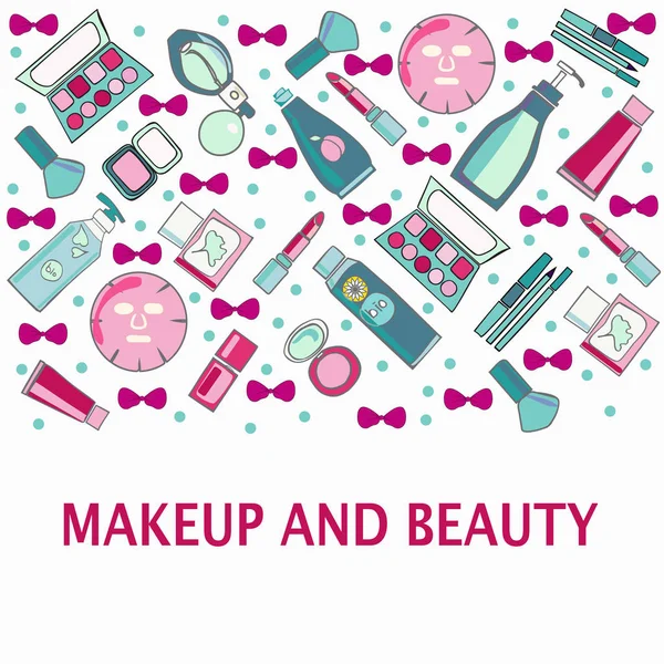 Handgezeichnetes Vektormuster aus Make-up, Schönheit und gesundem Kosmet — Stockvektor