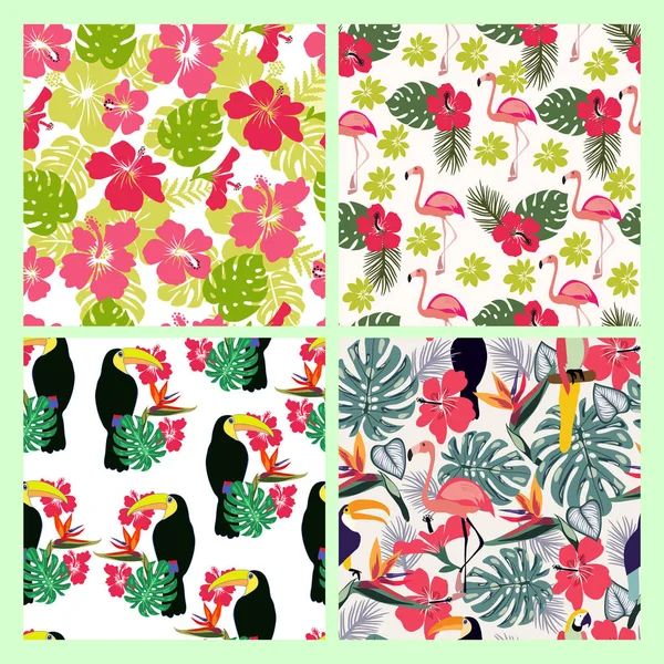 Set of backgrounds with monstera leaves, tropical flowers and birds — Stock Vector