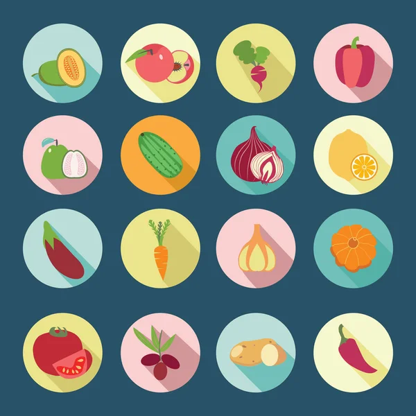 Set of fruits and vegetables flat design icons. — Stock Vector