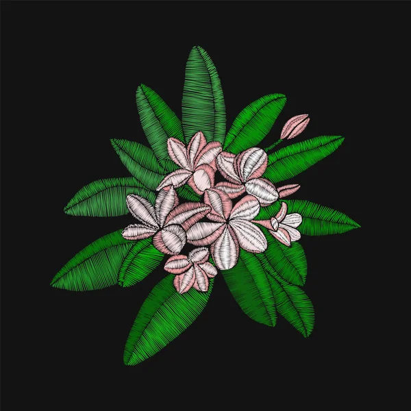 Flores bordados Frangipani y hojas, Plumeria en espalda negra — Archivo Imágenes Vectoriales