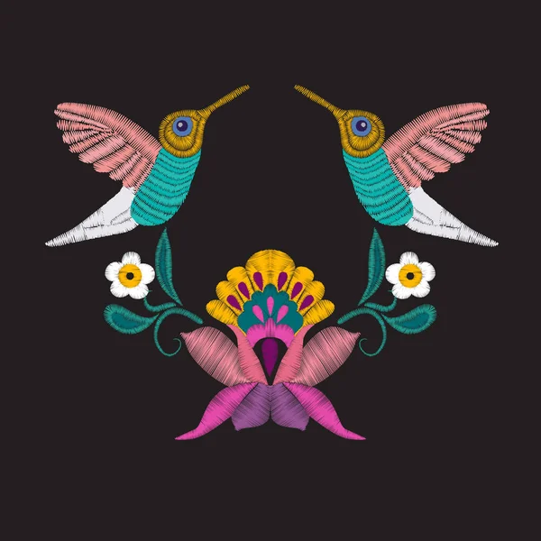 花と熱帯の鳥刺繍デザイン要素 — ストックベクタ