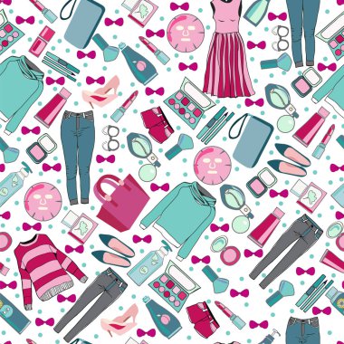 elle çizilmiş moda kıyafetler ve aksesuarlar desen koleksiyonu