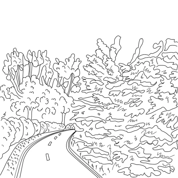 Park road en bomen grafisch zwart en wit landschap schets — Stockvector