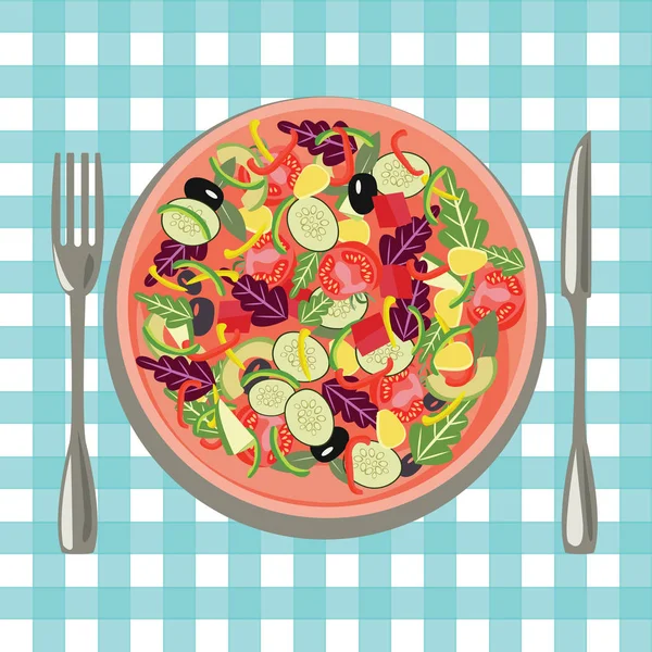 Comida fresca saludable en un plato y verduras en un mantel — Archivo Imágenes Vectoriales