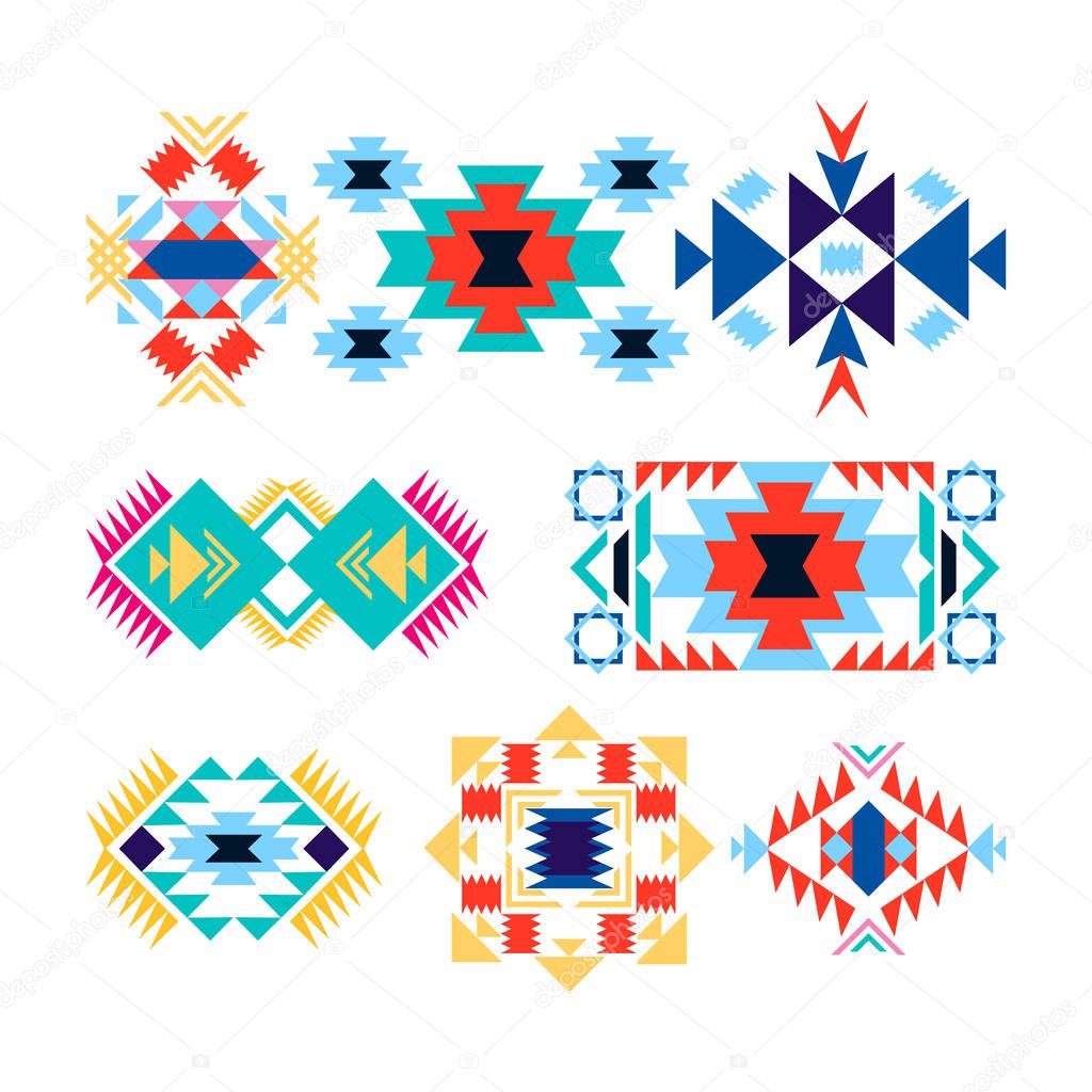 Vector colorful tribal geometric logo set american indian-ornate pattern design