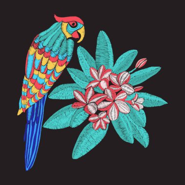 papağan ve çiçek Plumeria Nakış nakış deseni. 