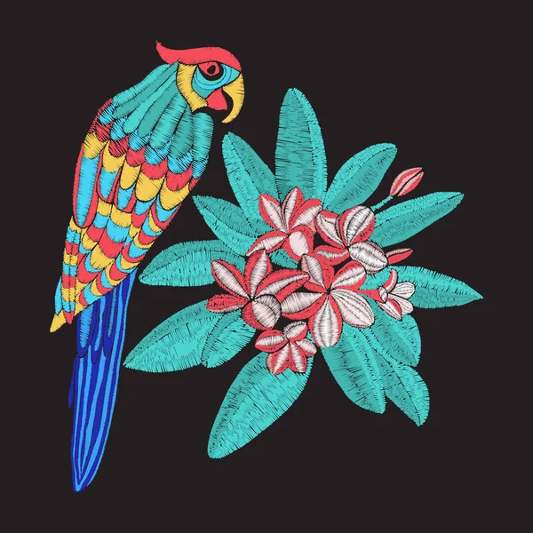 Papağan ve çiçek Plumeria Nakış nakış deseni. — Stok Vektör