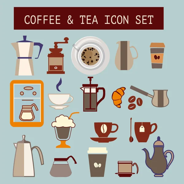 Set of vector flat tea and coffee icons — Stock Vector