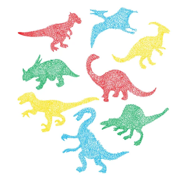 Mignon coloré différente silhouette de dinosaure dans le dessin animé gribouiller — Image vectorielle