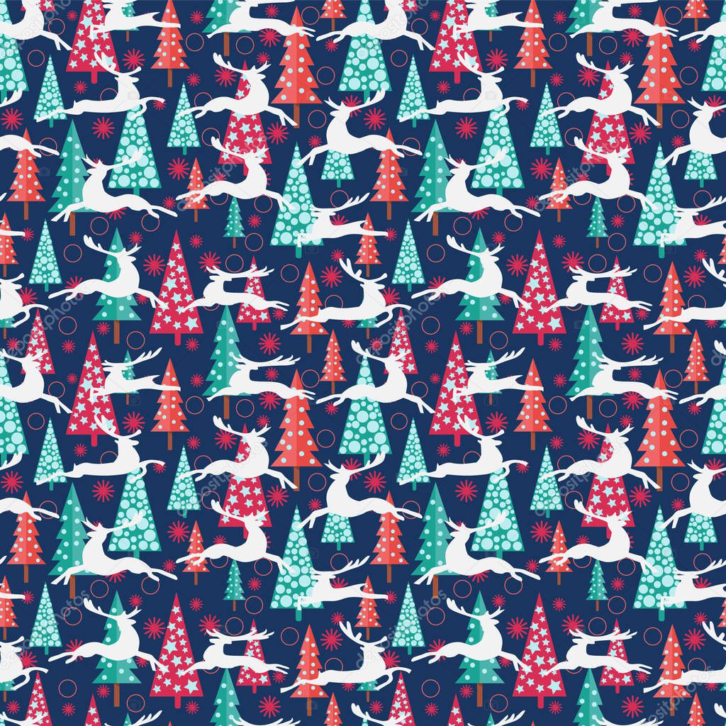 Christmas pattern - Xmas trees, deers and snowflakes.