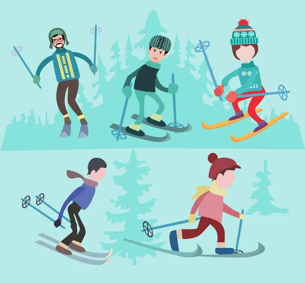 Flat vector illustration of people skiing. — Stock Vector