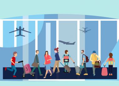 Düz tasarım stil iç Terminal Binası yolcu ile.