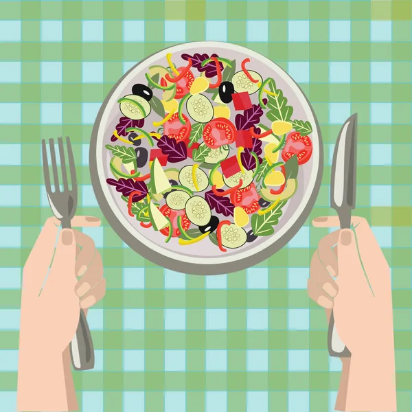 Manos con un cuchillo y tenedor cerca de un plato de ensalada de verduras — Vector de stock