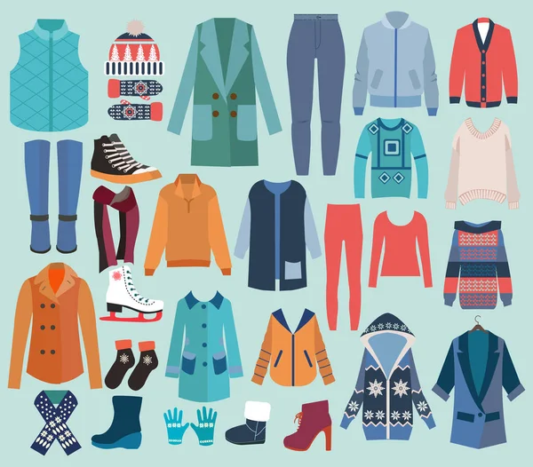 冬のワードローブは女性のファッションのコレクション. — ストックベクタ