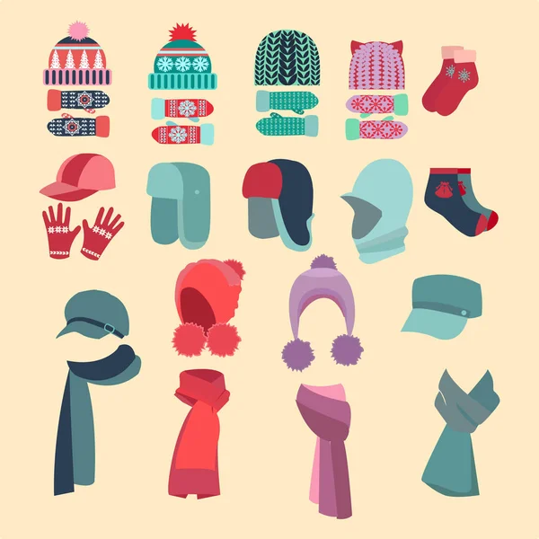 Ensemble de chapeaux et pour garçons et filles par temps froid — Image vectorielle