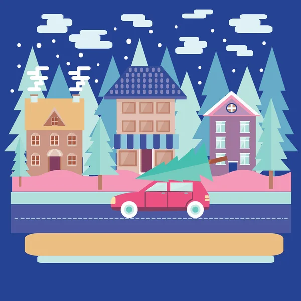 Winter city landscape with firs in flat modern style. — Stock Vector