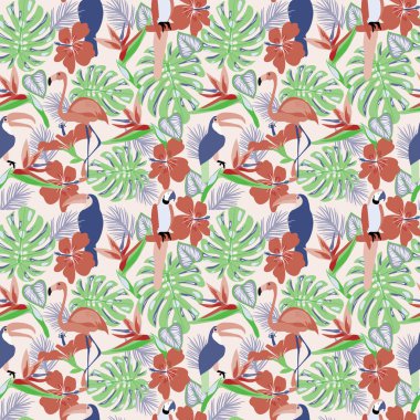 Tropik bitkiler ve çiçekler toucan, papağan, flamingo kuşları 