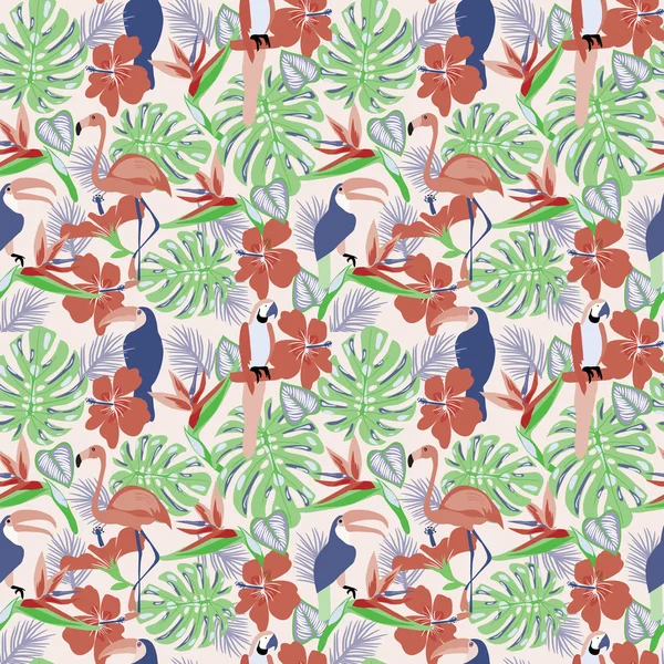 Tropik bitkiler ve çiçekler toucan, papağan, flamingo kuşları 
