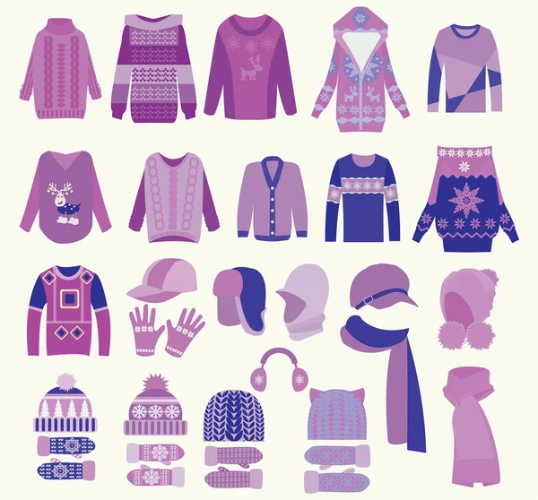 Collection of knitted woolen, winter clothes and accessories — Stock Vector