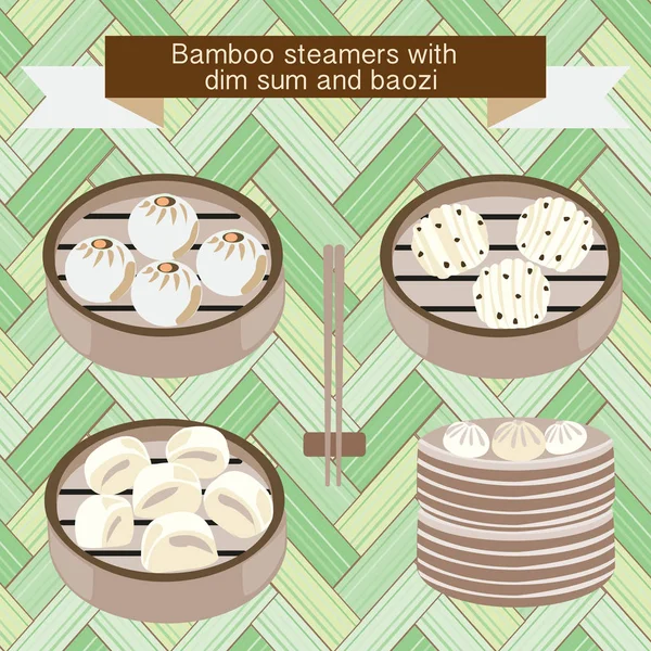 Conjunto de vaporizadores de bambu com dim sum e baozi — Vetor de Stock