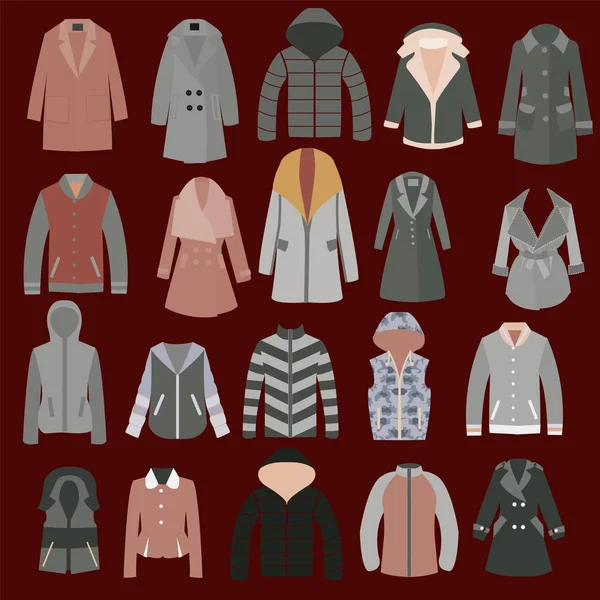 Autumn, spring and winter seasonal clothing. Coats,  jackets and — Stock Vector