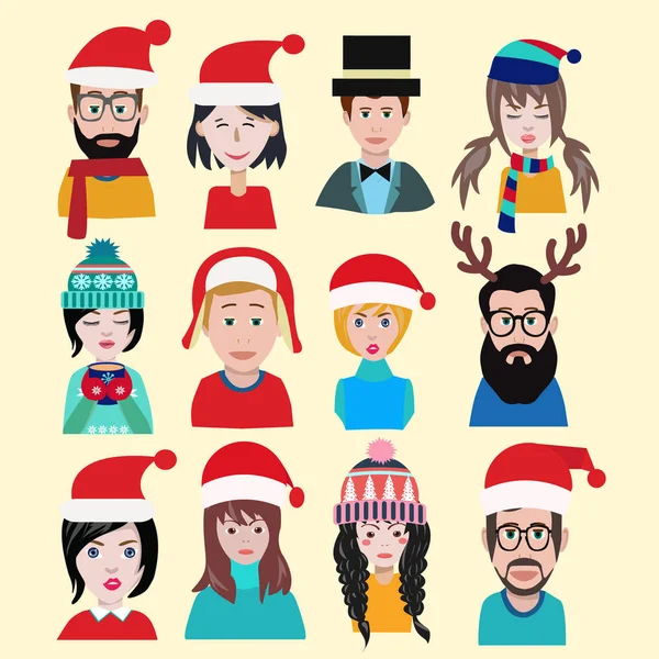 Muži a ženy v zimě teplé pletené čepice pro novoroční ikony — Stockový vektor