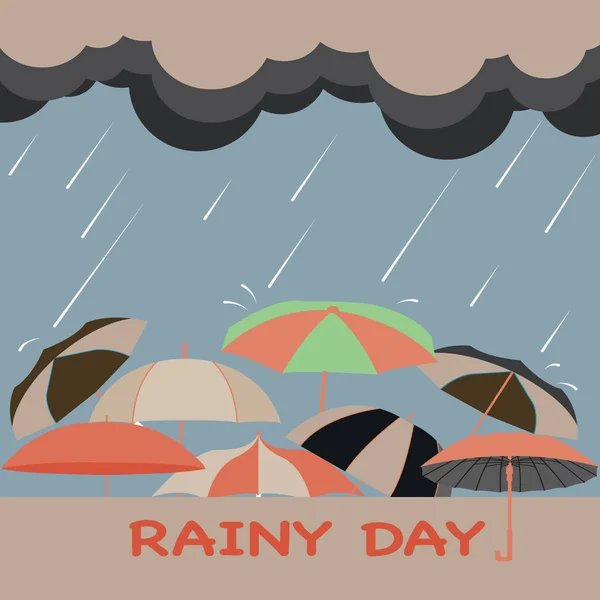 Rainy season background with clouds, raindrops and umbrellas — Stock Vector
