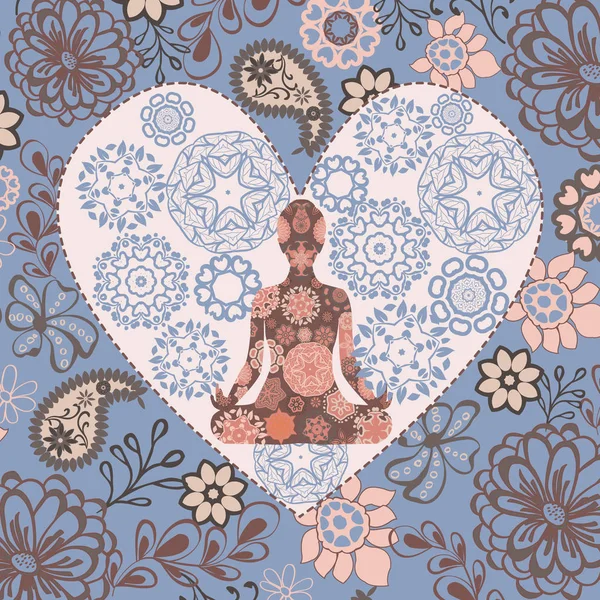 Hermoso fondo con yoga de posición de loto en forma de corazón . — Vector de stock