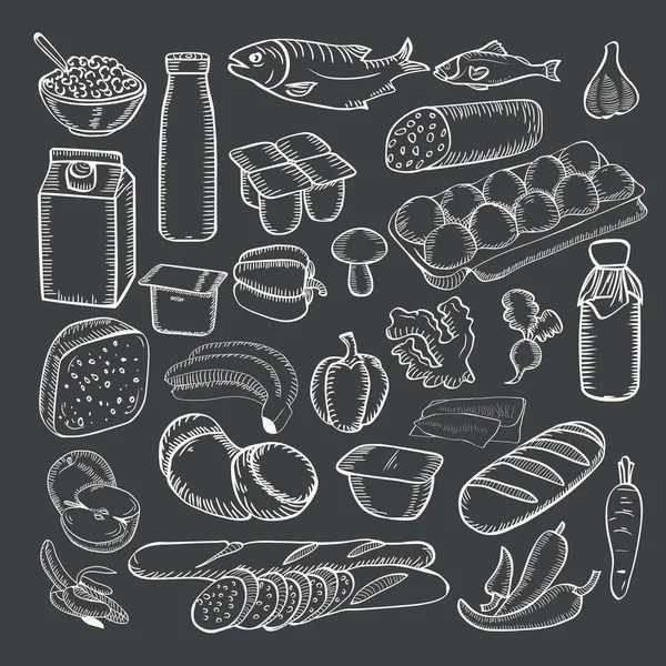 Food doodles collection White chalk on a blackboard. — Stock Vector