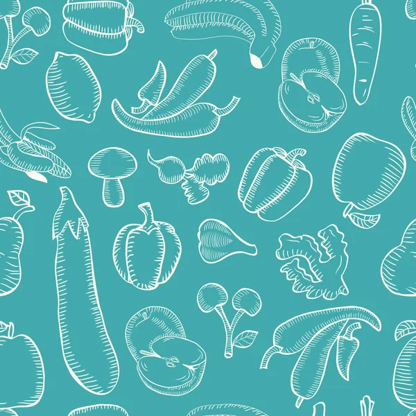 Vektor-Doodle-Muster von Hand gezeichnet Bio-Obst und -Gemüse. — Stockvektor