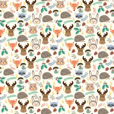 Sevimli çizgi orman hayvanları üzerinde bej backg ile Seamless Modeli