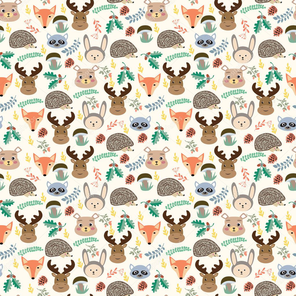 Seamless pattern with cute cartoon forest animals on beige backg