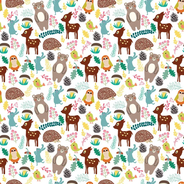 Seamless pattern with cute cartoon forest animals on beige backg — Stock Vector