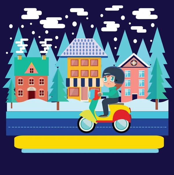冬の風景と、オートバイの少年に乗ってスクーター — ストックベクタ