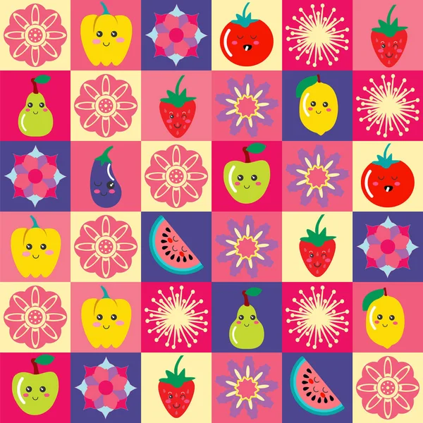 Muster mit lustigen Cartoon-Blumen und einer Reihe von niedlichen Früchten und Gemüse — Stockvektor