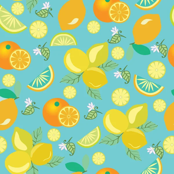 Patrón con limones, flores, hojas y naranjas . — Vector de stock