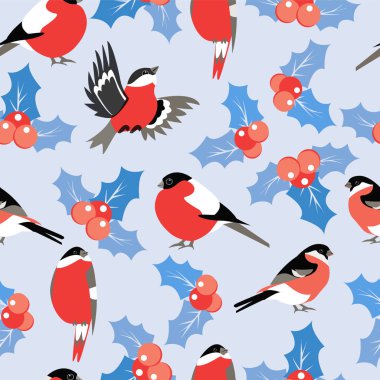 Noel desen yaprakları ile holly çilek ve şakrak kuşu kuşlar.