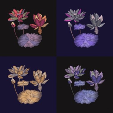 Nakış çiçek desenli lotus ve karanlık b yapraklarda ile kümesi