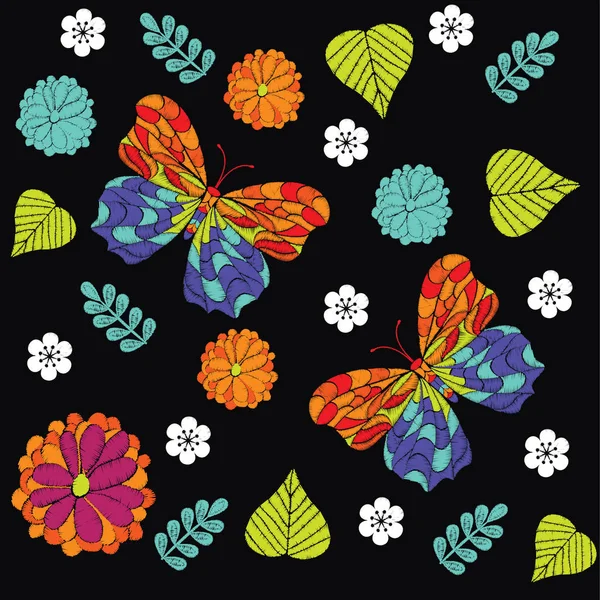 Stickerei nahtloses Muster mit schönen Blumen und Schmetterling — Stockvektor