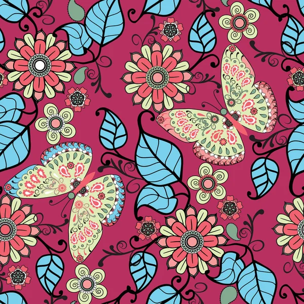 Декоративный узор с цветочным орнаментом и бабочками — стоковый вектор
